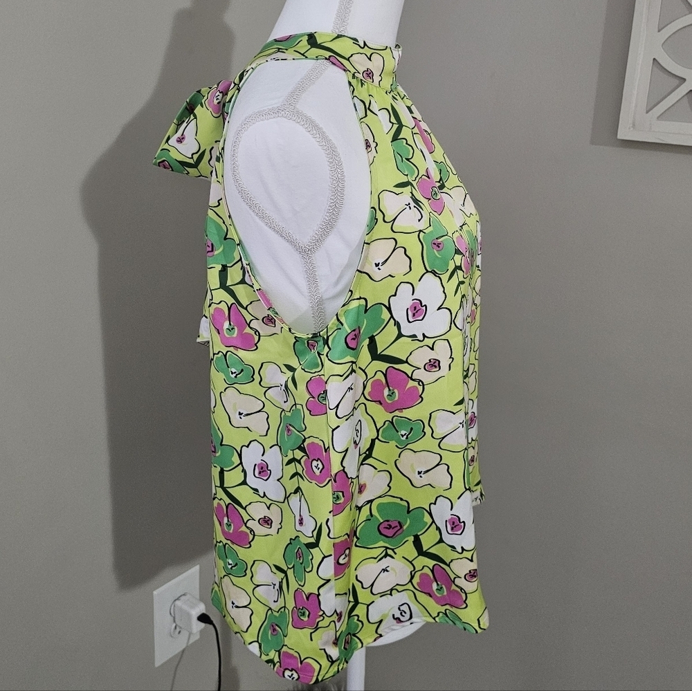 THML Scarf Print Halter Neck Tie Back Sleeveless Chartreuse Floral Y2K Blouse - Picture 6 of 13